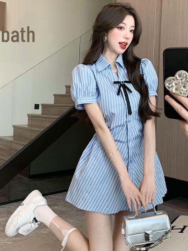 Women's College-Style Puff Sleeve Shirt Dress - Summer 2026 Petite Short Skirt Suit