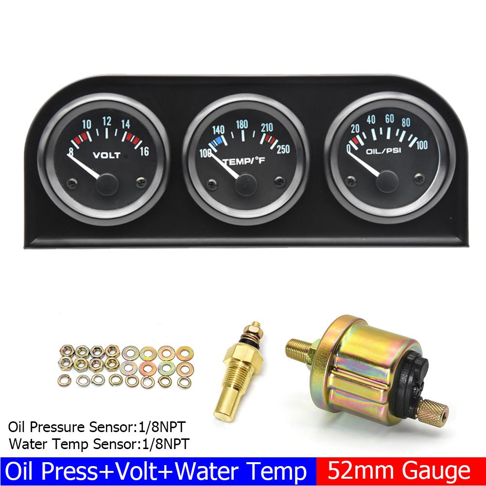 2" 52MM Triple-Anzeige 3 in 1 Wassertemperaturanzeige Öldruckanzeige Öltemperaturanzeige mit Sensor 1/8 NPT Spannung für Rennwagen