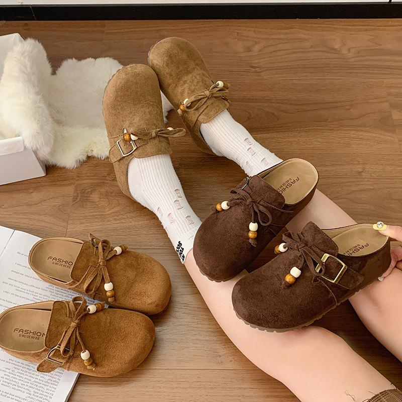 Boken Shoes Women's Retro Doll Head Casual Women's Shoes 2025 Autumn New One-pedal Lazy Soft Leather Soft-soled Single Shoes