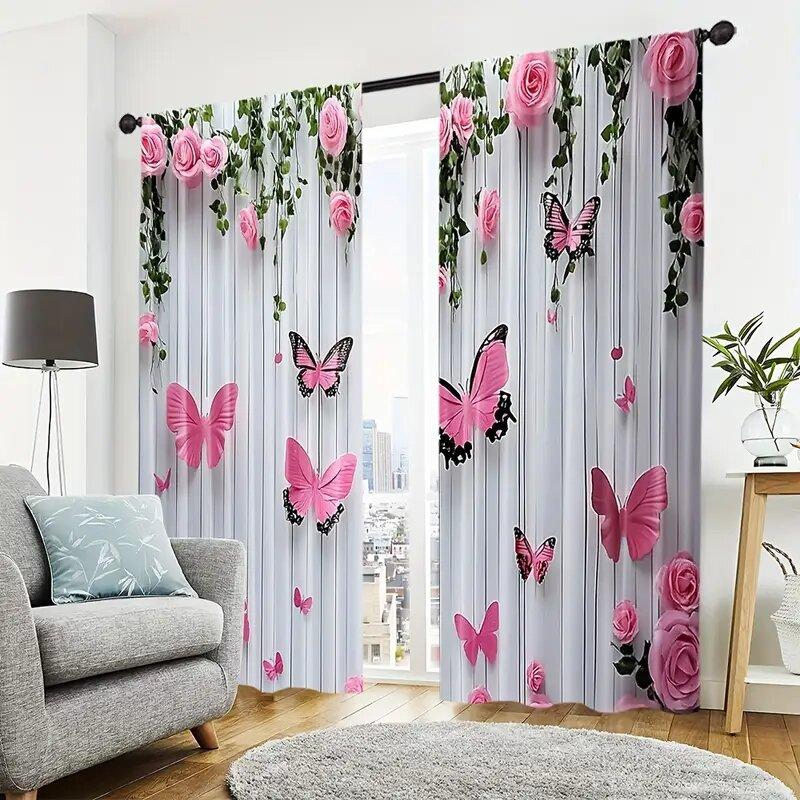 Butterflies and Pink Roses - Pole Bag Curtains, Bedroom and Kitchen Decoration, Home Decoration, Living Room Decoration