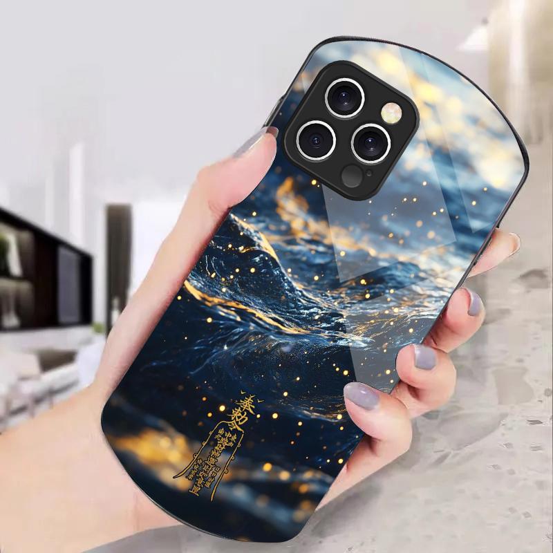Golden Lotus Powder For IPhone 16 Pro Max 11 12 Mini 13 14 P Lus 15 Plus 7 8 Se 2020 X Xs Elliptical Tempered Glass Phone Case