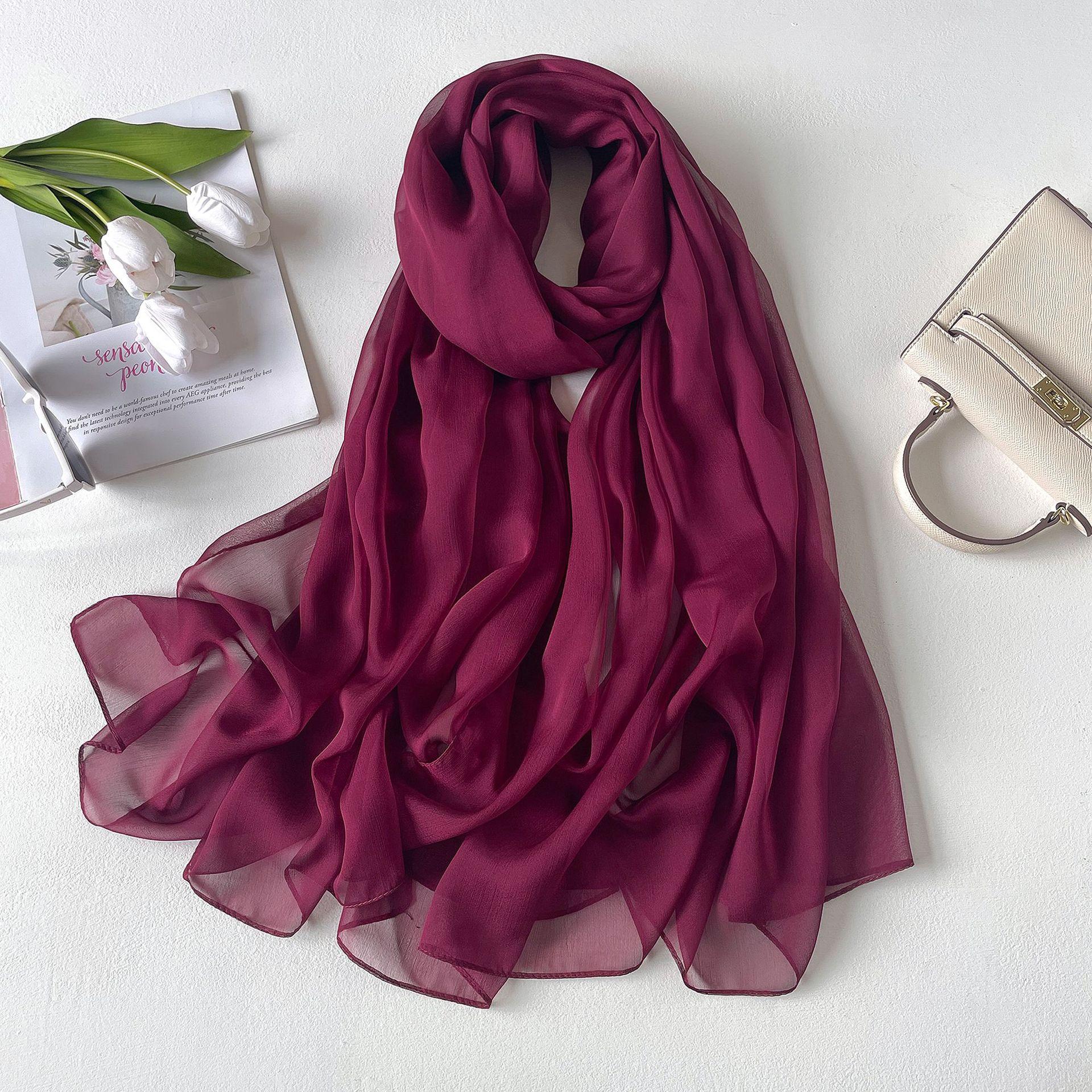 

Сплошной цветной платок, шелковый шарф, тонкий большой шарф, дорожная защита от солнца, декоративная шаль, льняной простой шарф, универсальный 190*100cm вино красного