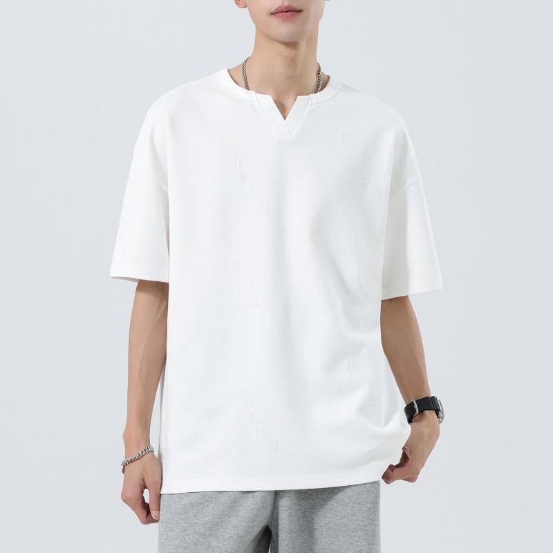 Men Notch Neck Solid T Shirt Short Sleeve Loose Casual Distressed Texture Daily Street Summer Basic Top