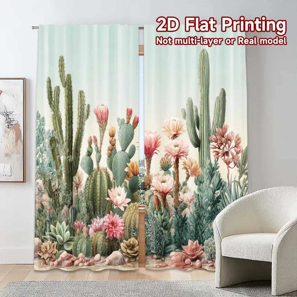 2pcs, 2D FLAT PRINTING Curtains (Without Rod) Cactus Garden Modern Curtain Fabric Prints Light Filtering Curtains Decorations