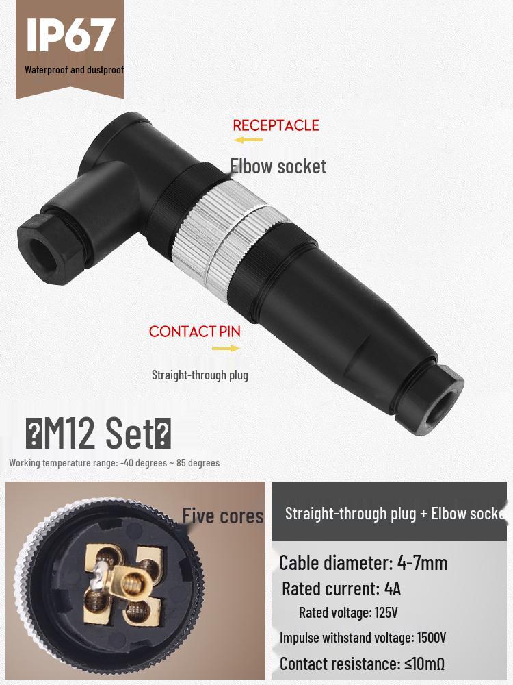 M12 Waterproof Sensor Connector: Male & Female Aviation Plug, 34-Pin, 5-Hole, 8P, Straight & Elbow, Three-Core Socket.