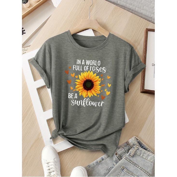 Women's European and American Summer Short-sleeve Shirt with Contrasting Colors and a Simple, Unique Sunflower Print Surrounded by a Heart