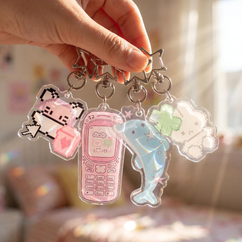 INS Trendy Pixel Cartoon Acrylic Keychain 4 Styles Retro Flip Phone Dolphin Rabbit Pendant for Teen Backpack Decor