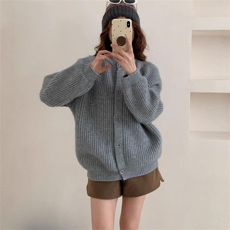 Lazy Wind Thick Needle Crew Neck Sweater Jacket Women's Autumn and Winter New Loose Thickened Soft Waxy Knitted Cardigan Top