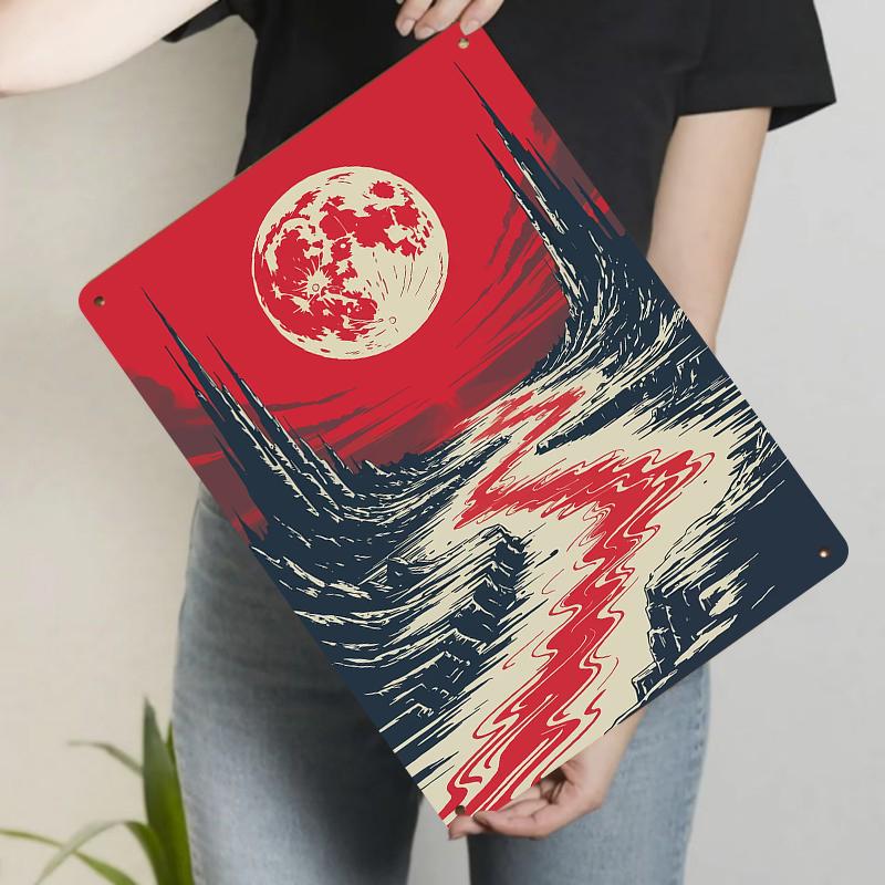 Blood Moon Mountain River Illustration Metal Tin Sign Home Decor Living Room Wall Art Hanging Ornament 20x30cm(7.8x11.8inch)