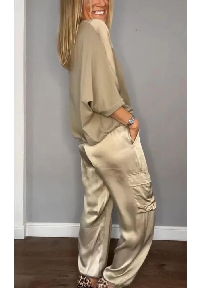 European and American Women's Satin Half-Sleeve Top and Pants Set 2024