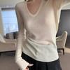 Women's Apricot V-Neck Knit Sweater: Autumn/Winter Slim Fit, Long Sleeve Clavicle Base Layer Top