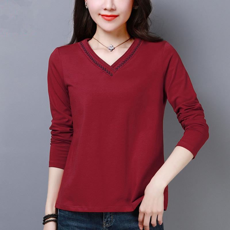V-neck Long Sleeved T-shirt Women's Korean Version Loose Autumn and Winter Top Women's Versatile Solid Color Base Shirt Women