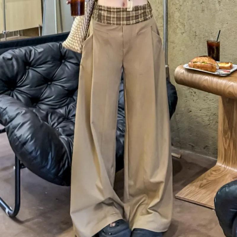 Women Plaid Patchwork Wide Leg Sweatpants Elastic Waist Casual Trousers S