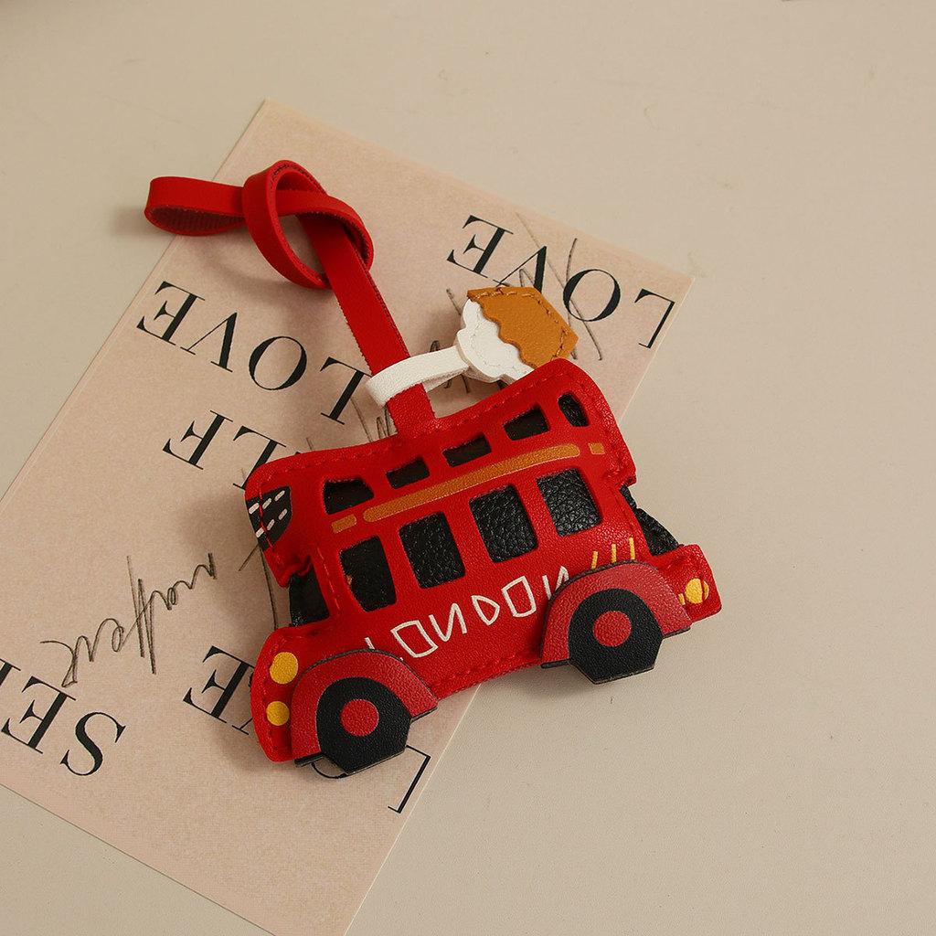 London Bus Leather Keychain With Car Cartoon Pendant For Vintage Bag Decor