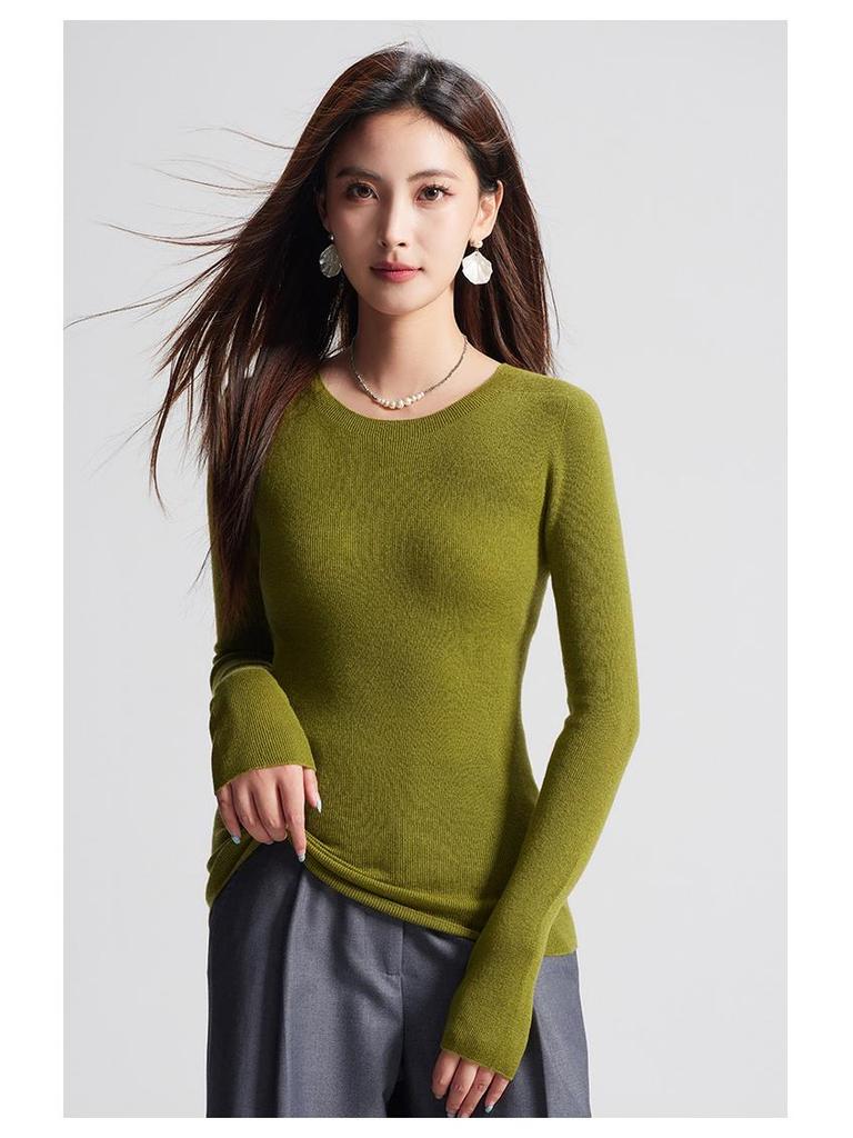 Machine Washable Women's Seamless 100% Pure Wool Round Neck Knit Sweater, 60 Count, 18 Gauge, Autumn Base Layer