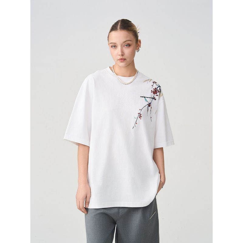 HACR's Harshandcruel New Chinese Style over-the-Shoulder Ink Painting Florals Print Short Sleeve T-shirt