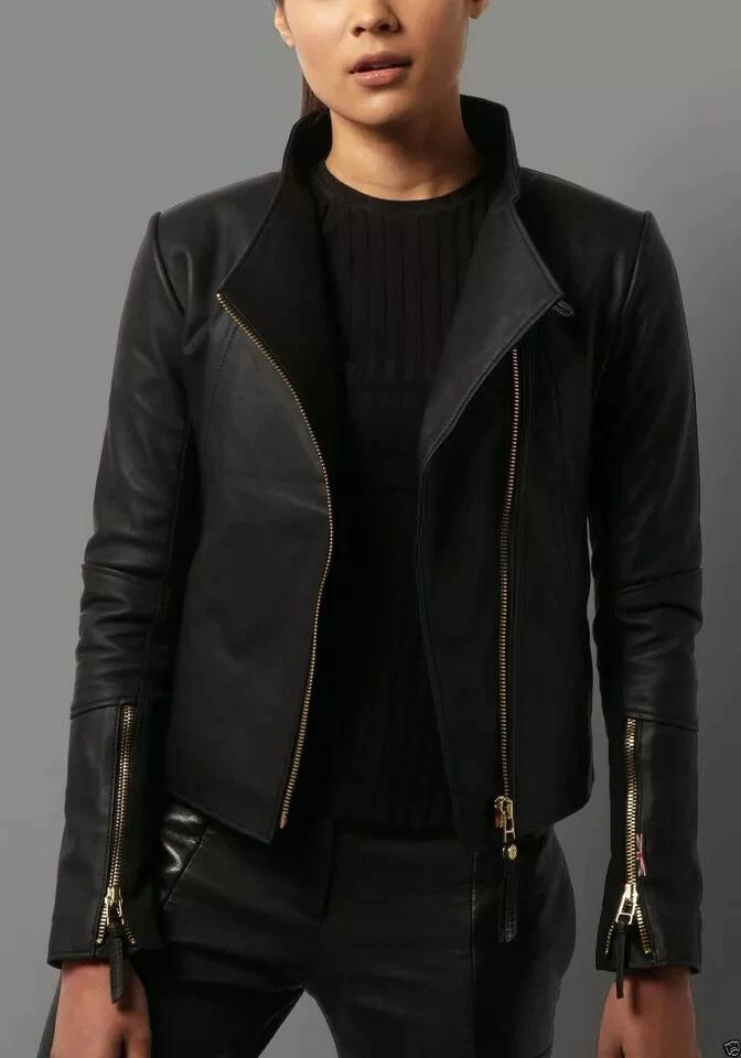 Pravá měkká jehněčí kůže Motorkářský styl Decentní černá dámská bunda Biker Stylová