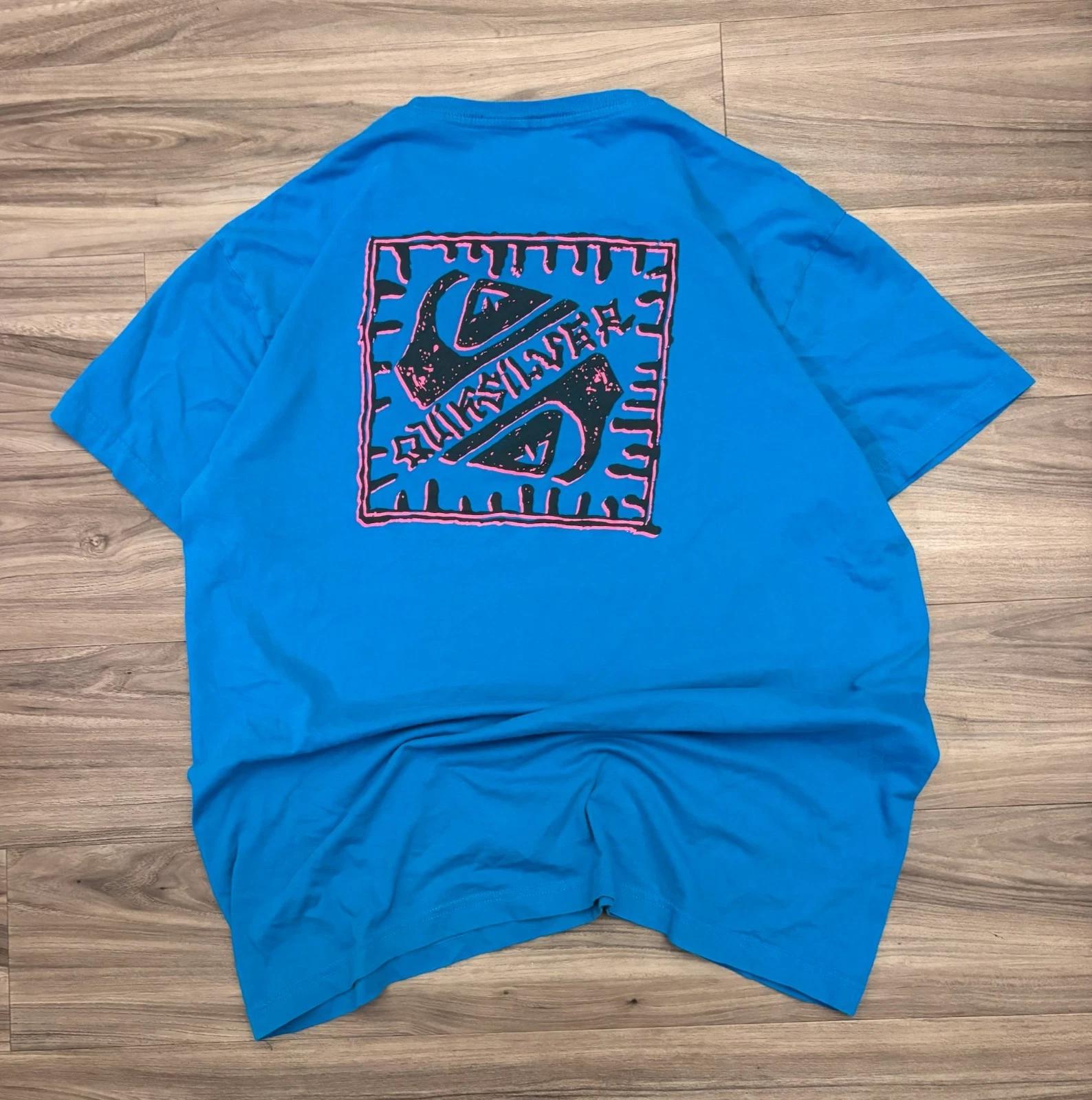 

Y2K / Vintage Quiksilver Tribal Logo Graphic T-shirt Blue Pink Surf Skate Tee XL S
