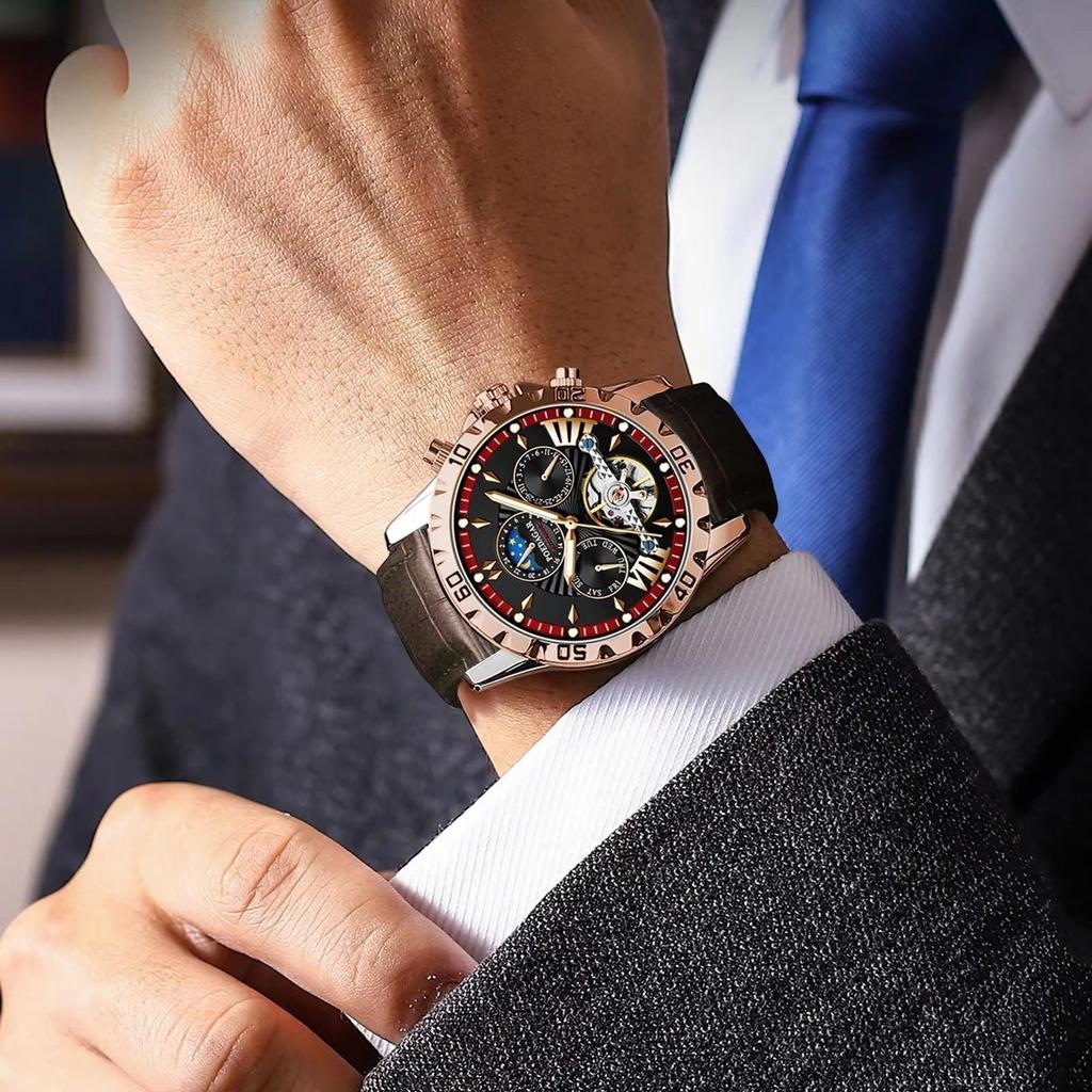 POEDAGAR Tourbillon Automatic Mechanical Wristwatch Waterproof Luminous Date Week Leather Men Watch