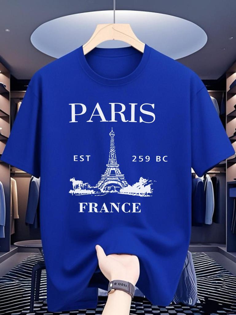 Summer Unisexs 100cotton Loose Fit Paris Eiffel Tower French Pattern Letter Print Round Neck Short Sleeved Casual Outdoor Tshirt