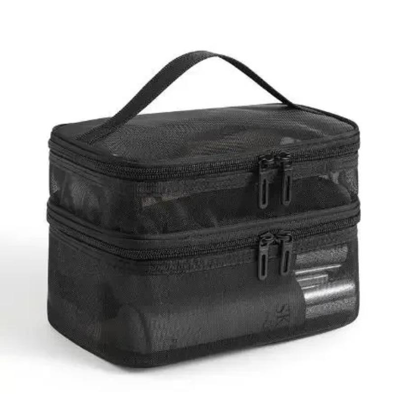 1pc Double Layer Mesh Makeup Bag, Wash Bag, Women's Portable New Large Capacity Storage Bag, Cosmetics Storage Bag