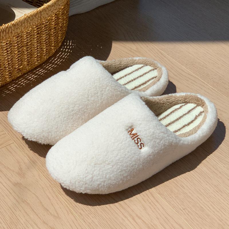 New Home Simple Striped Slippers Autumn and Winter Indoor Home Velvet Warm Non-slip Couple Cotton Slippers