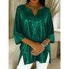Women's Large Size T-shirt Spring and Summer Seven Quarter Sleeve Shiny Loose Casual Female T-shirt Fashion V-neck Solid Color Office Ladies Tee Tops