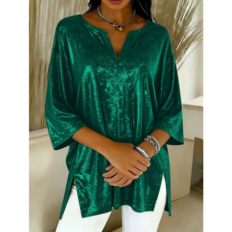 Women's Large Size T-shirt Spring and Summer Seven Quarter Sleeve Shiny Loose Casual Female T-shirt Fashion V-neck Solid Color Office Ladies Tee Tops