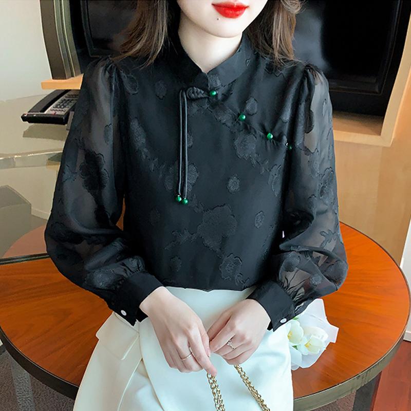 2025 Spring New Chinese Style Women Blouses Shirts Long Sleeve Stand Collar Black White Chiffon Blouse Shirt Women Tops J771