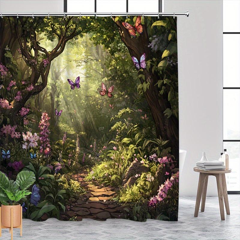 Magical Forest Shower Curtain-Stone Pathway, Colorful Butterflies, Sunlit Greenery, Pink Purple Blossoms, Fairy-Tale Atmosphere