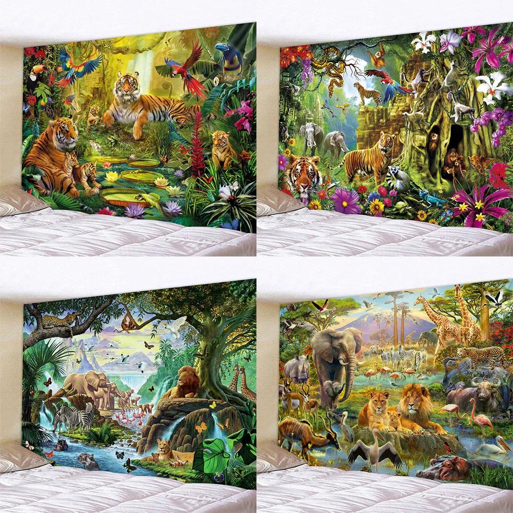 Arazzo Artistico di Uccelli della Giungla Scena Psichedelica Decorazione per la Casa Appeso a Parete Estetica Hippie Boho Stanza