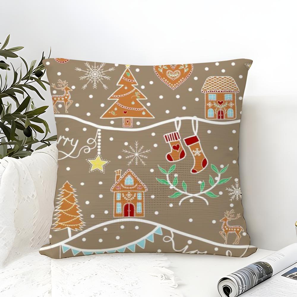 Square Cartoon Festive Print Pattern Pillow Case Linen Pillow Case Sofa Home Decor Cushion Cover Cushion Cove