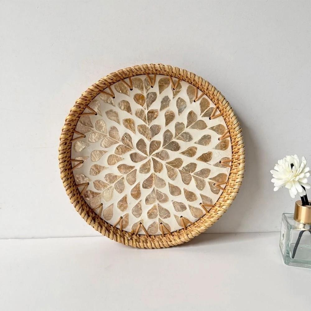 Handmade Woven Tray Round Decorative Tray Storage Tray Rattan Serving Tray Living Room