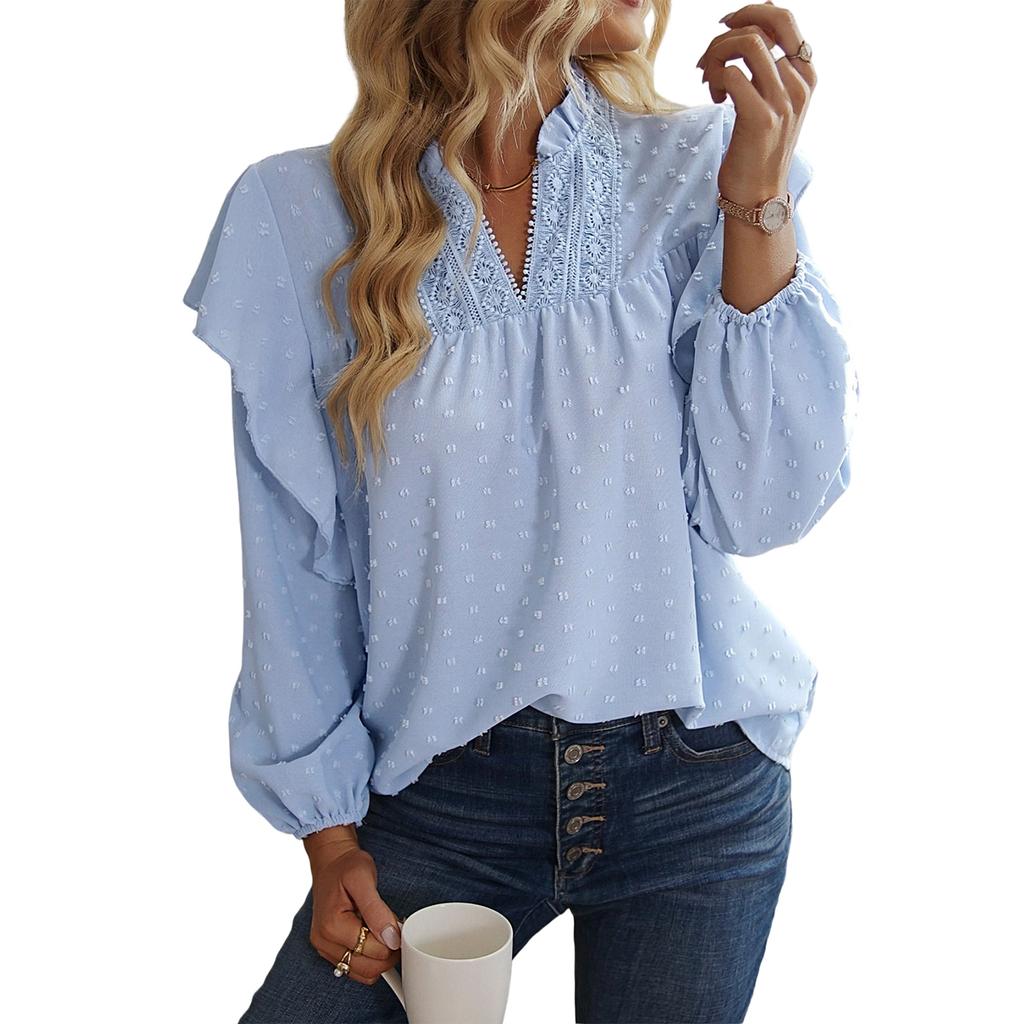Women's V,Neck Lace Patchwork Blouse With Ruffled Sleeves