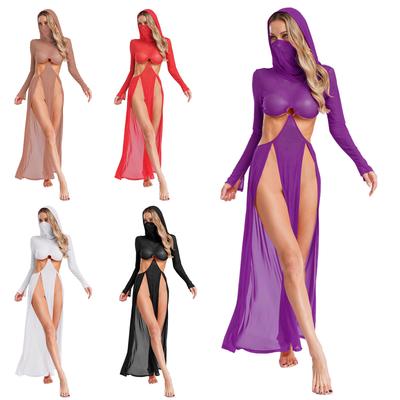 Robe en maille à capuche pour le visage Masque Femme Manches longues Ajourée Cache-maillot Sexy Fente haute Robe longue maxi pour Halloween Fête à la plage