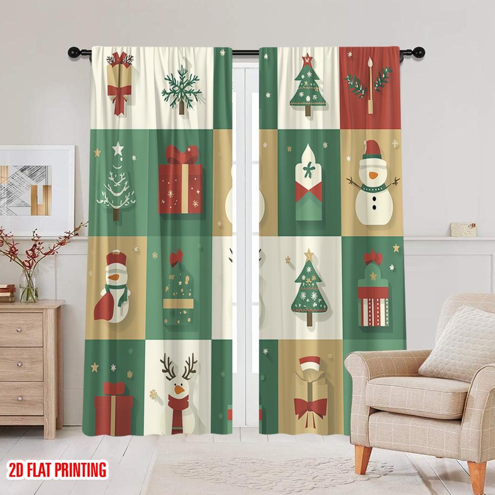 Set Of 2 Plane Printing Curtains Digital Printed Christmas Tree Snowman Reindeer Gift Versatile Fabric Without Rod All Made Polyester