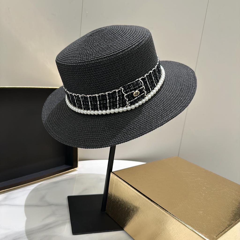 Pearl Flat Top Straw Hat Women's Summer Retro Fashion British Straw Hat Flat Edge Top Hat