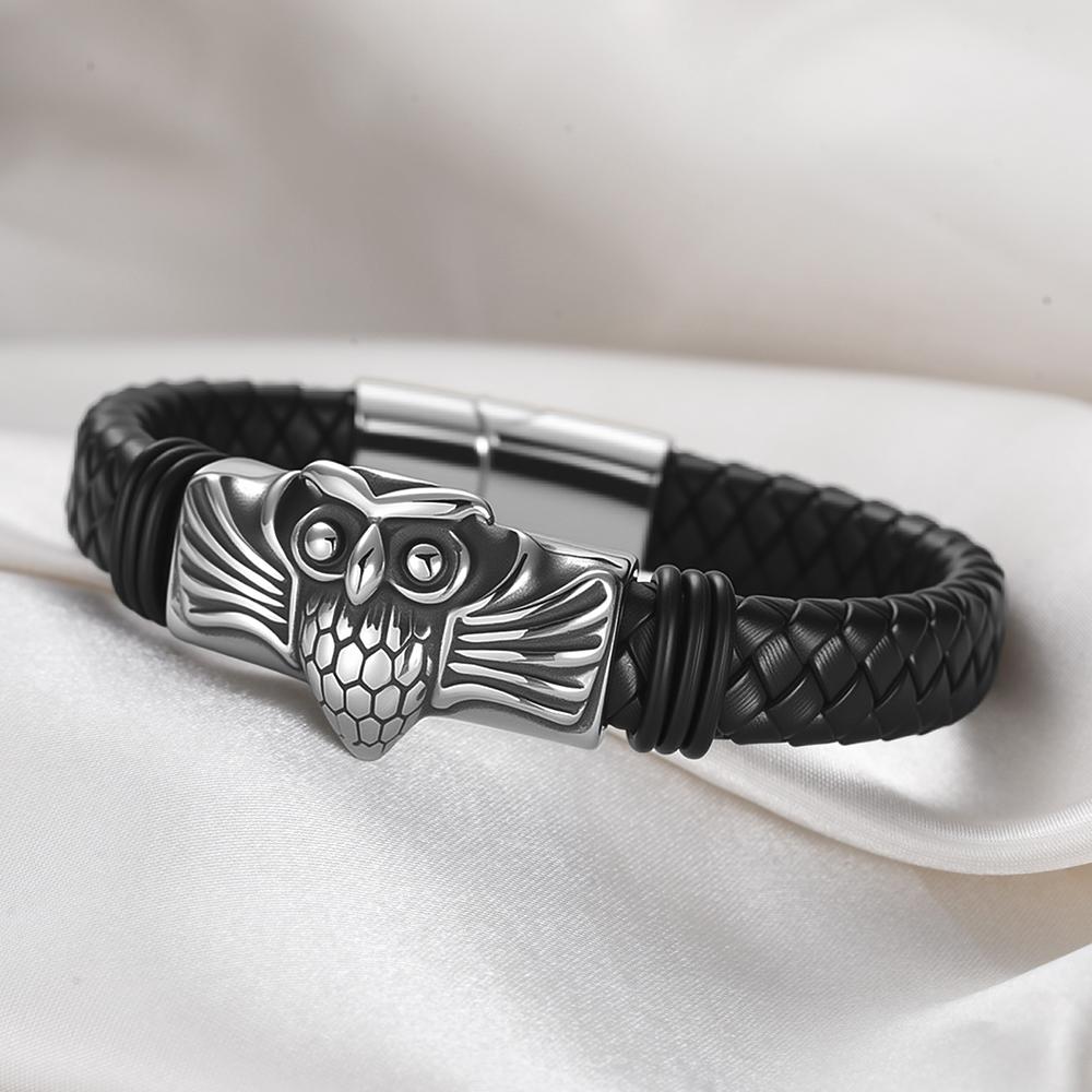 Dawapara Punk Flying Eagle Owl Bangle Bracelet 20cm Black Leather Wristband for Men Stainless Steel Jewelry