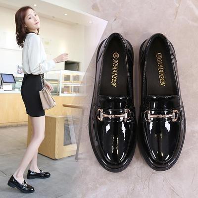 Genuine Leather SpringSeason and FallSeason Four Seasons Silent Work Gold Buckle Paint Glossy Round Head British Small Leather FootPairs Lady