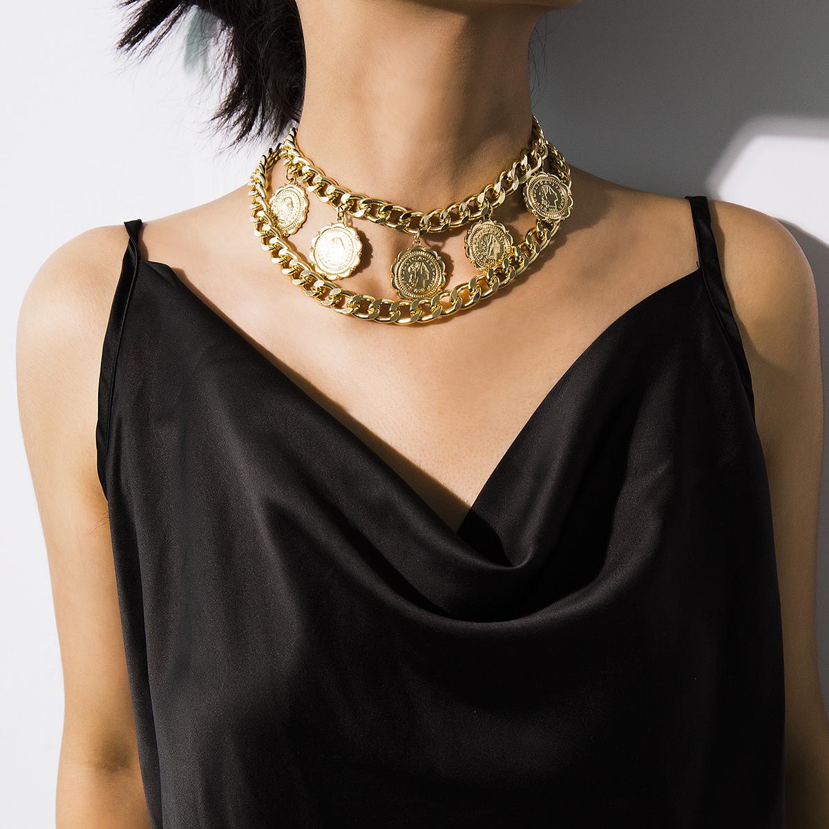 

Layered Chain with Big Coin Pendant Necklace for Women Punk Chunky Chains Choker Collar 2022 Fashion Jewelry on Neck Accessories