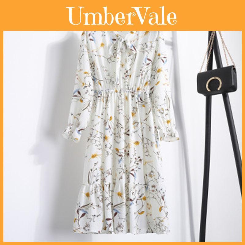 Elegant Floral Chiffon Long Sleeve Casual Vintage Boho Maxi Dress For Women