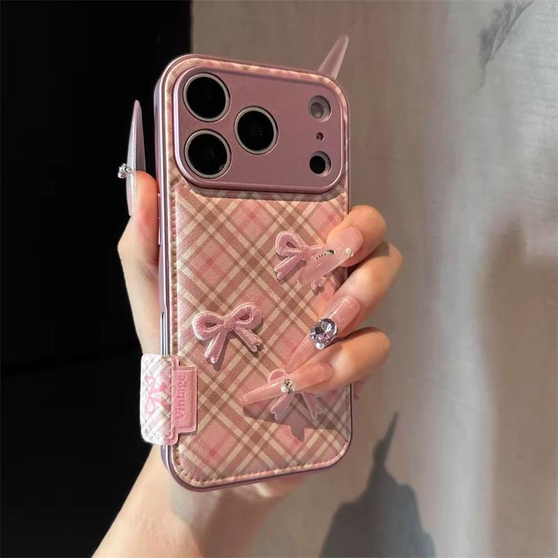 

iPhone 17 Pro Plaid Puff Phone Case - Compatible with Apple 16 Pro, Bow 15 Pro, Leather 14 Pro 17
