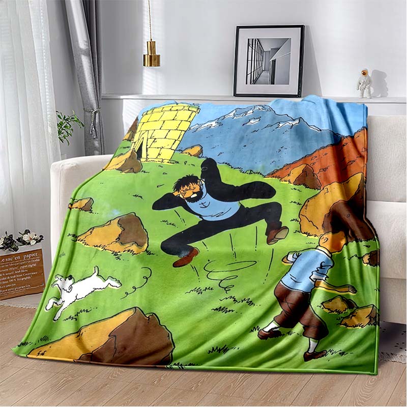 Tintin Classic Comic Flannel Blanket Cartoon Print Soft Sofa Throw Vintage Home Decor Gift For Kids & Anime Fans 80cm x 120cm