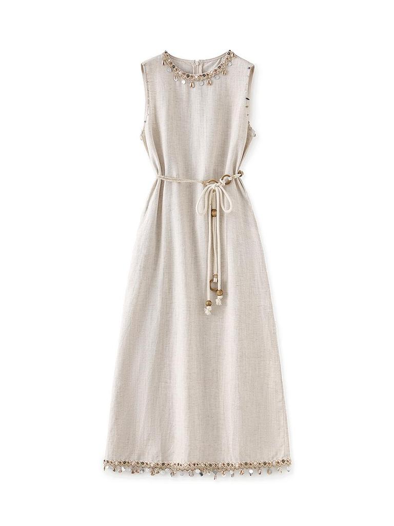 Ärmelloses Kleid im Bohemian-Stil aus Leinen-Tencel mit Muschel-Anhänger & Quaste für Damen