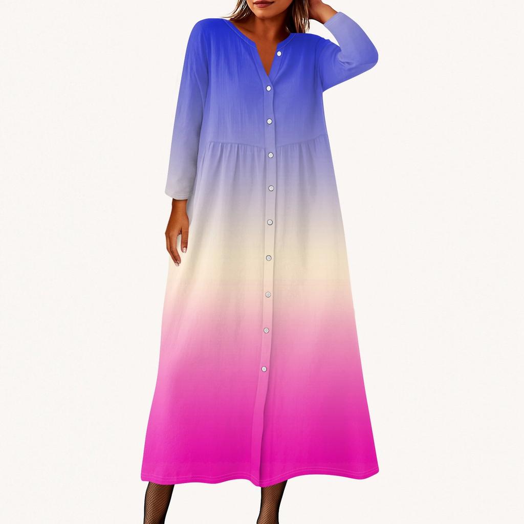 Damen Modisches Bedrucktes Rundhals Siebenviertelarm Knopf Lockeres Hemdkleid