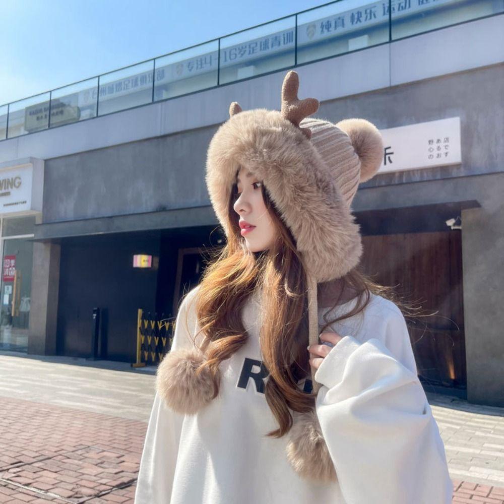 Skull Cap Antlers Hat Beanie Hat Winter Plush Hat Cute Knit Beanie  Warm