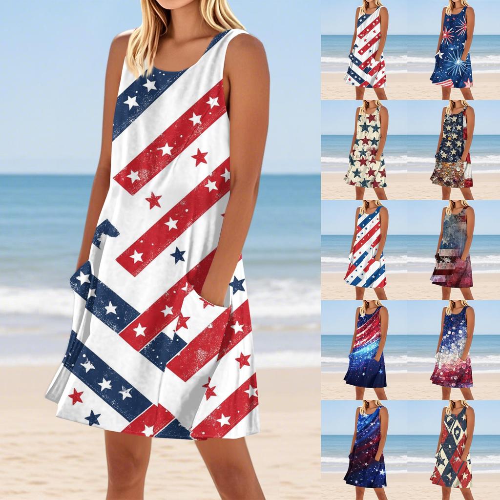 Women's Stylish Casual Independence Day Print Cuffless Pocket Dress