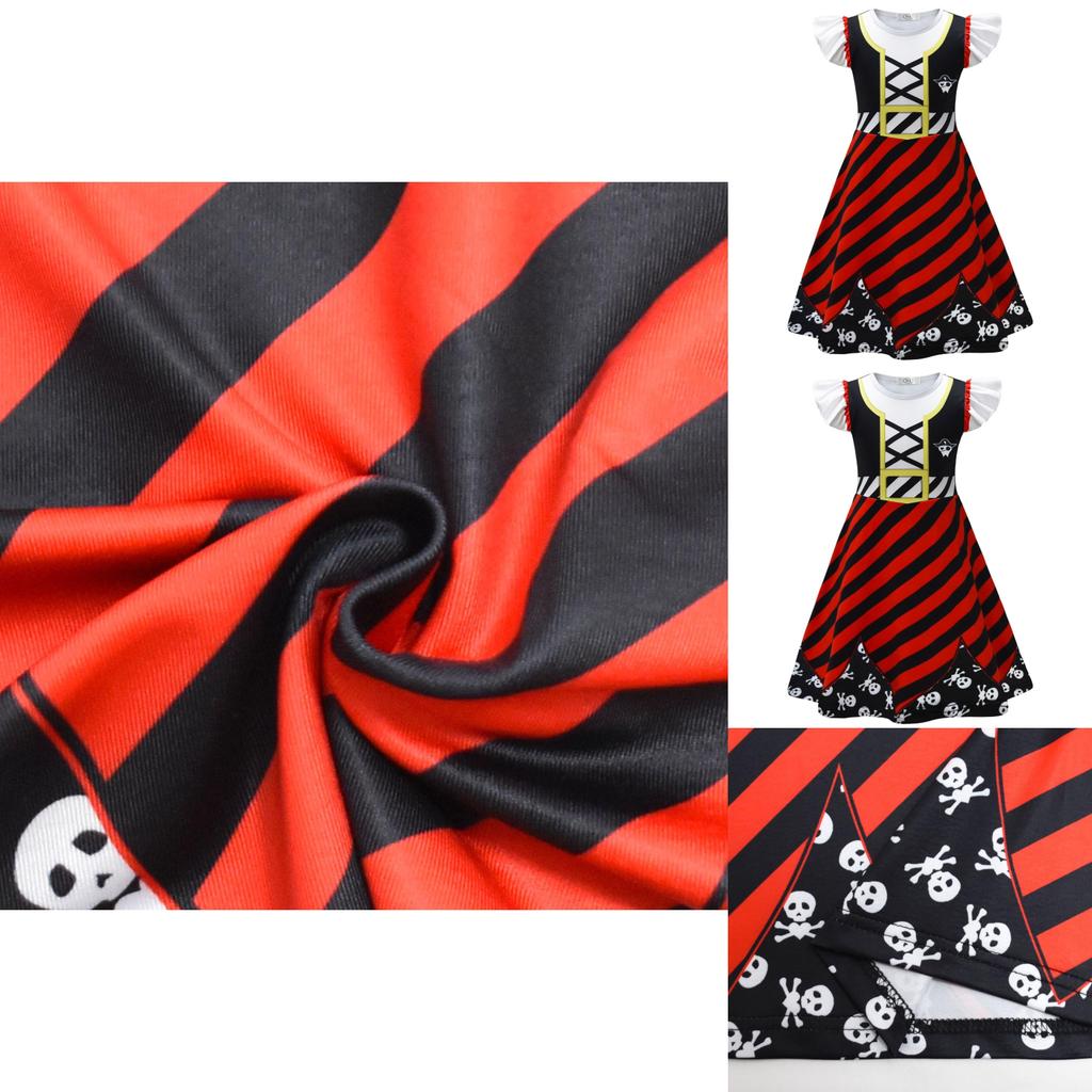 Skull Print Halloween Girls Dress With Ruffle Hem And Printed Fabric For Kids Age 3 To 8