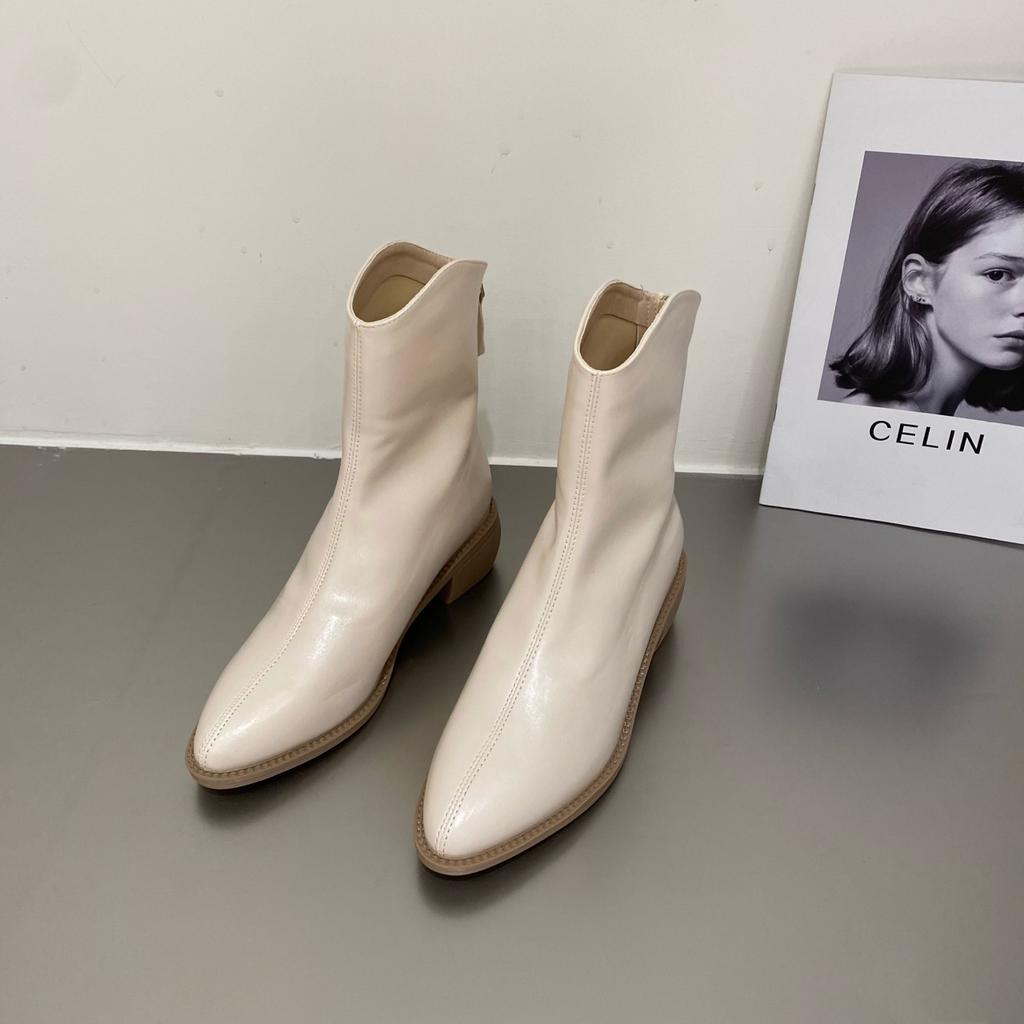 2024 Pointed Toe Women Soft Leather Ankle Boots Back Zipper Short Booties Retro Style Autumn Winter Female Boots D79