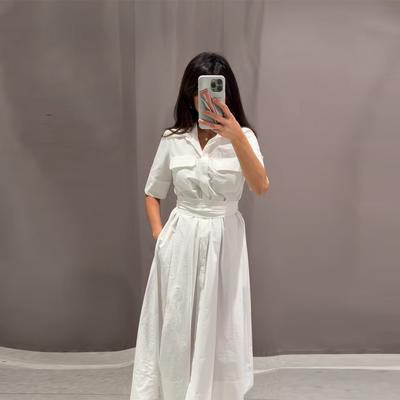 Robe Décontractée Rayée pour Femmes Revers Boutonnage Simple Manches Courtes Taille Ajustée Robes Longues Nouvelle Mode Dame Vacances Robe